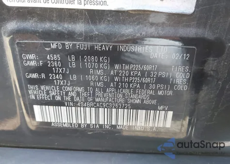 2012 Subaru Outback 2.5I from USA, damaged, VIN 4S4BRCAC9C3263725